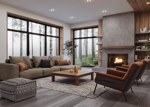 Cozy modern living room with natural wood accents, soft neutral furniture, and a minimalist concrete fireplace surrounded by large windows offering a serene forest view