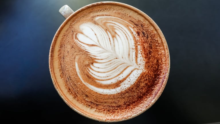 Top down view of a warm cappuccino, presenting intricate foam art and a dusting of chocolate powder for a delicious drink