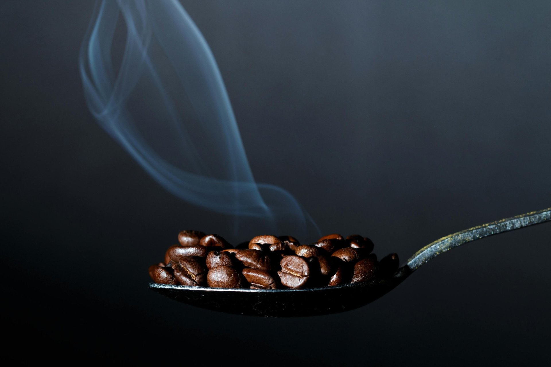 Roasted coffee beans on a dark spoon with steam rising against a dark background