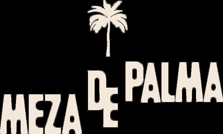 Logo for Meza de Palma featuring cream-colored text with a palm tree icon above on black background