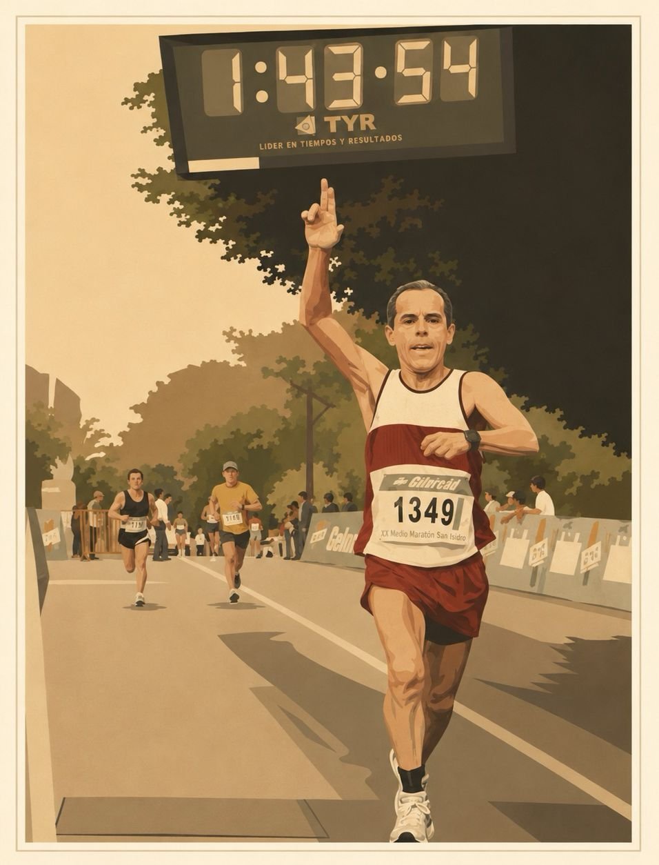 Male marathon runner approaching finish line with race number 13491, pointing upward as he passes under a timer displaying 1:43:54